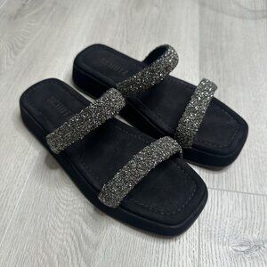 Schutz Glammy Suede Slip On Sandal Double Jewel Encrusted Straps Y2K 90s Glitter